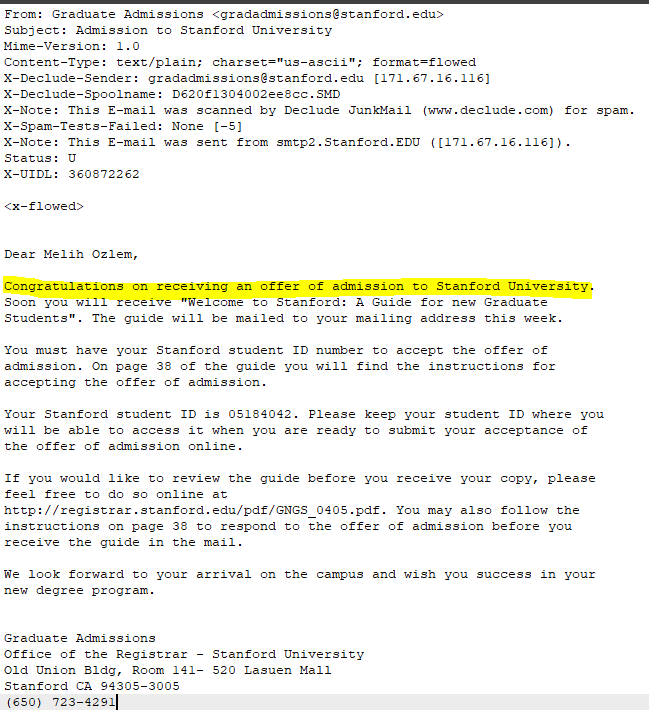 Received offer to Stanford University Graduate Program