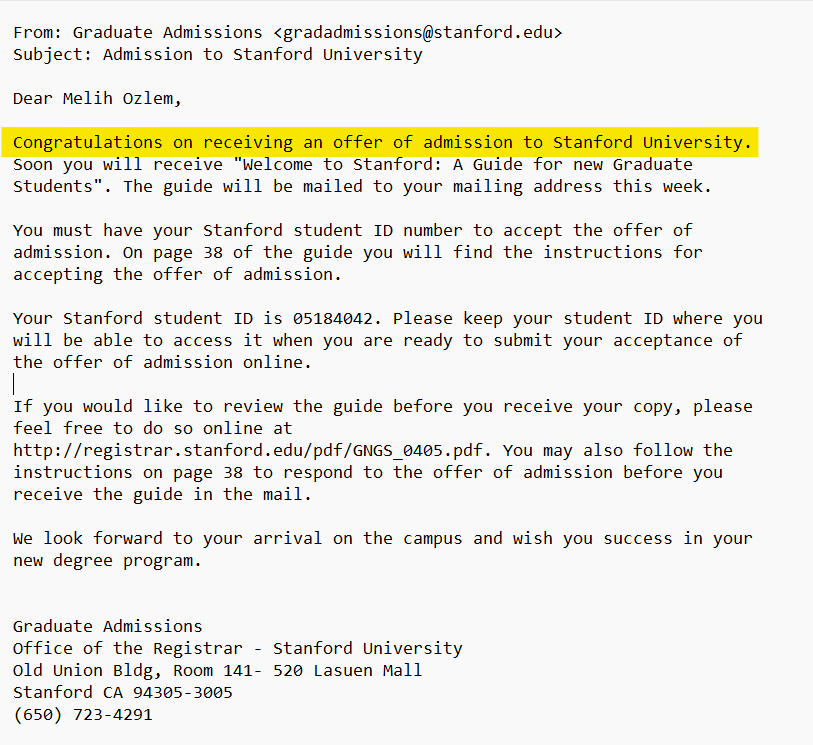 Received offer to Stanford University Graduate Program